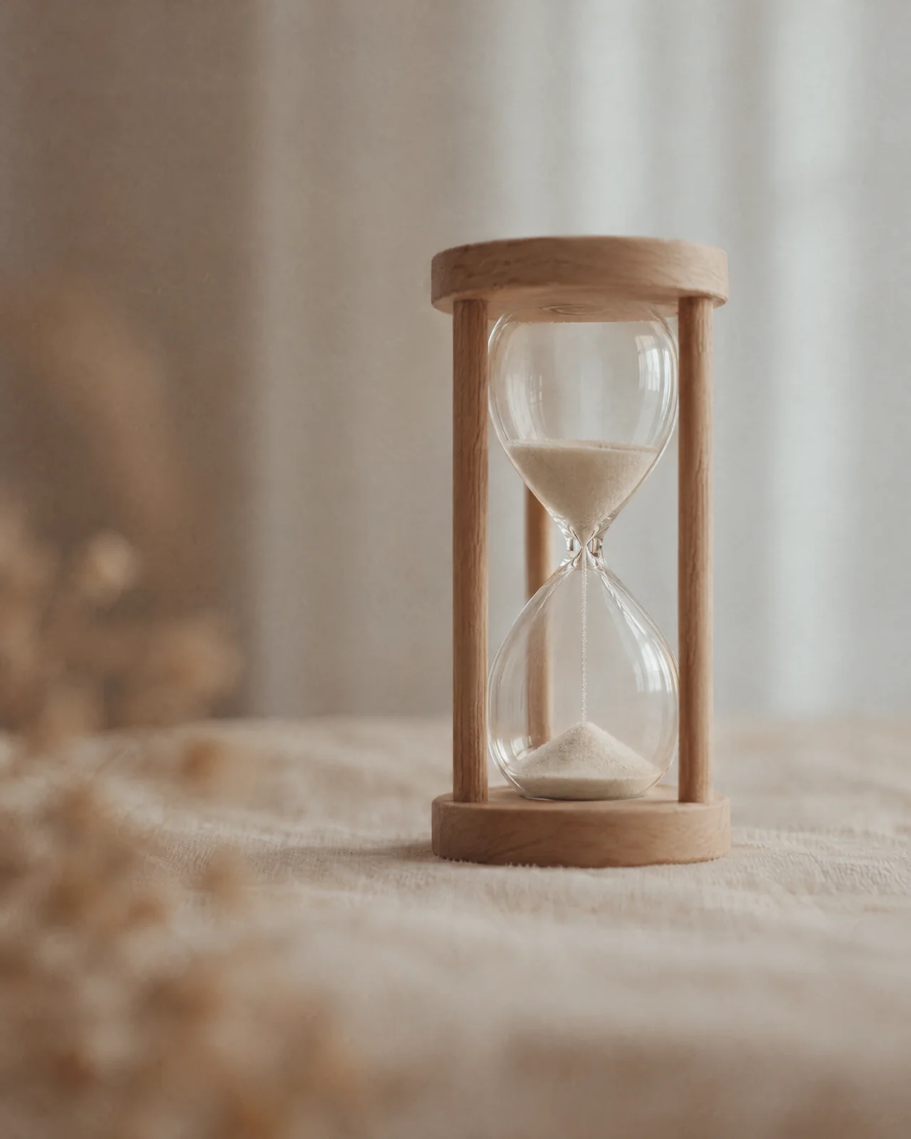 Eine Sanduhr mit Holzrahmen und feinem hellem Sand auf Leinen.