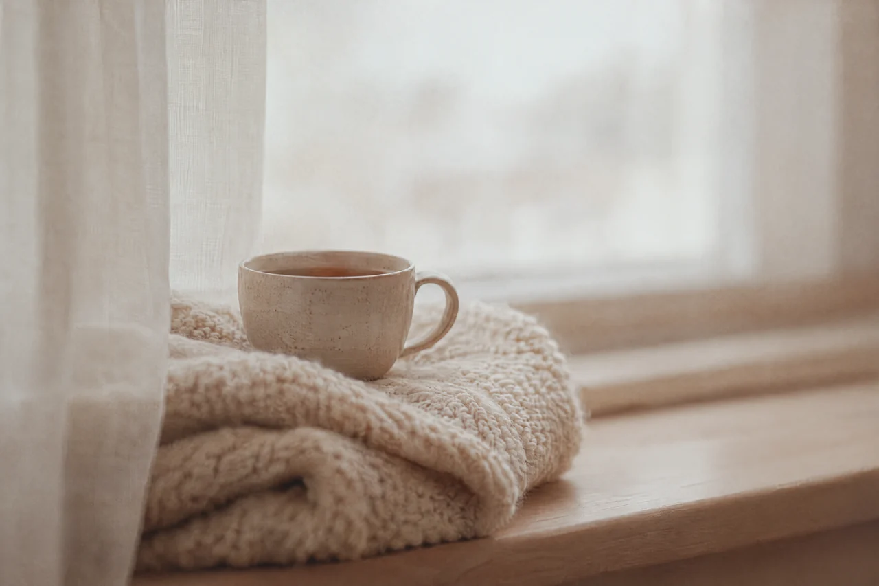 Eine Tasse Tee auf einer gefalteten Strickdecke am Fenster.