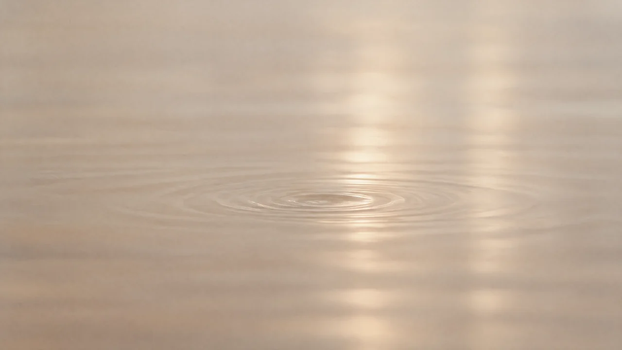 Eine ruhige Wasseroberfläche mit einer einzelnen kreisförmigen Welle.